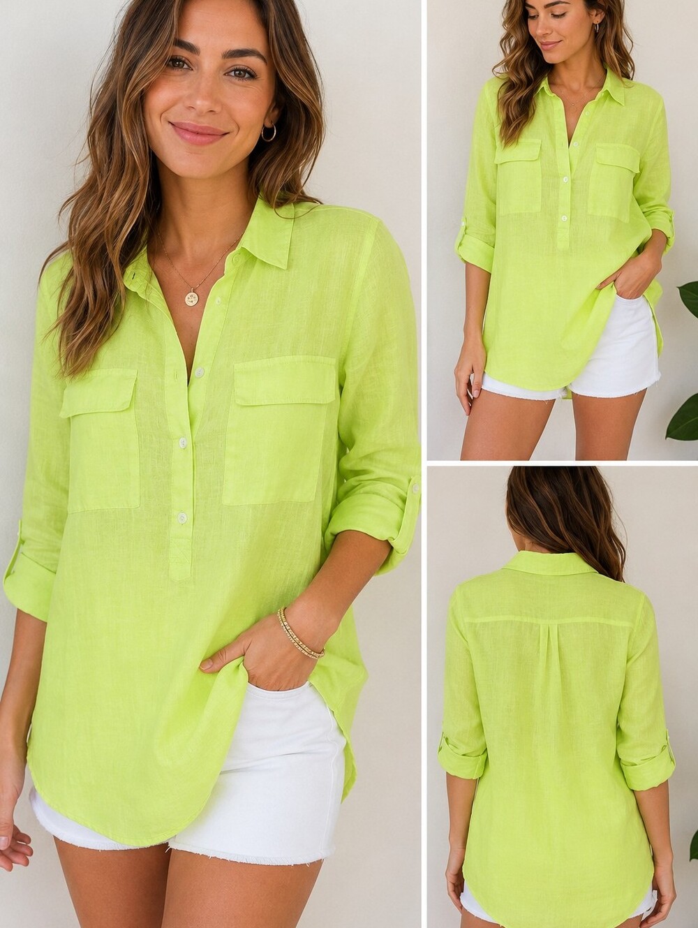 Old Navy Neon Lime Linen Button Front Tunic Shirt Roll Tab Sleeve Size M